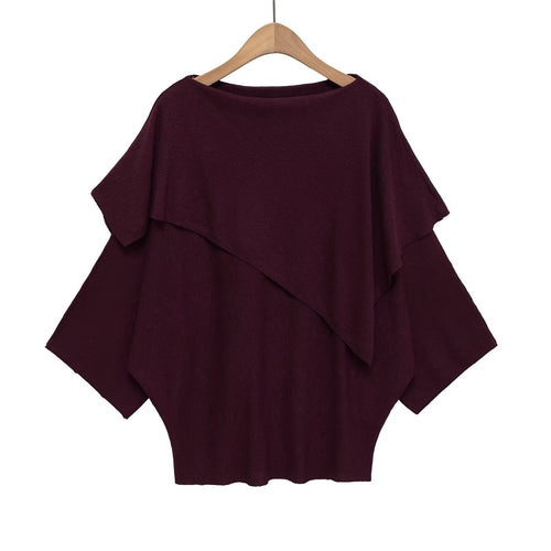 Round neck long sleeved layered decorative pullover sweater top for women