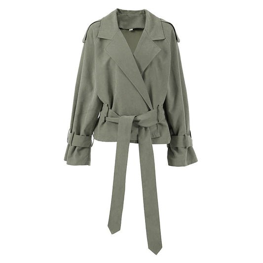 Style Women's Elegant Turn-Down Collar Belted Coat, Lazy Casual Versatile Trench Coat